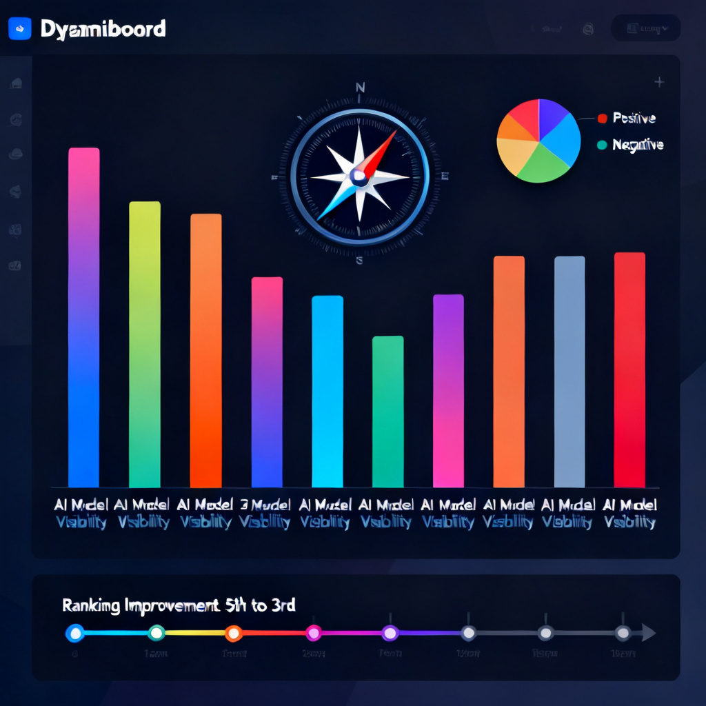 A dynamic dashboard with a compass icon, showing a brand's visibility across 12 AI models as colored bars, with a pie chart for positive/negative sentiment and a timeline showing ranking improvements from 5th to 3rd place