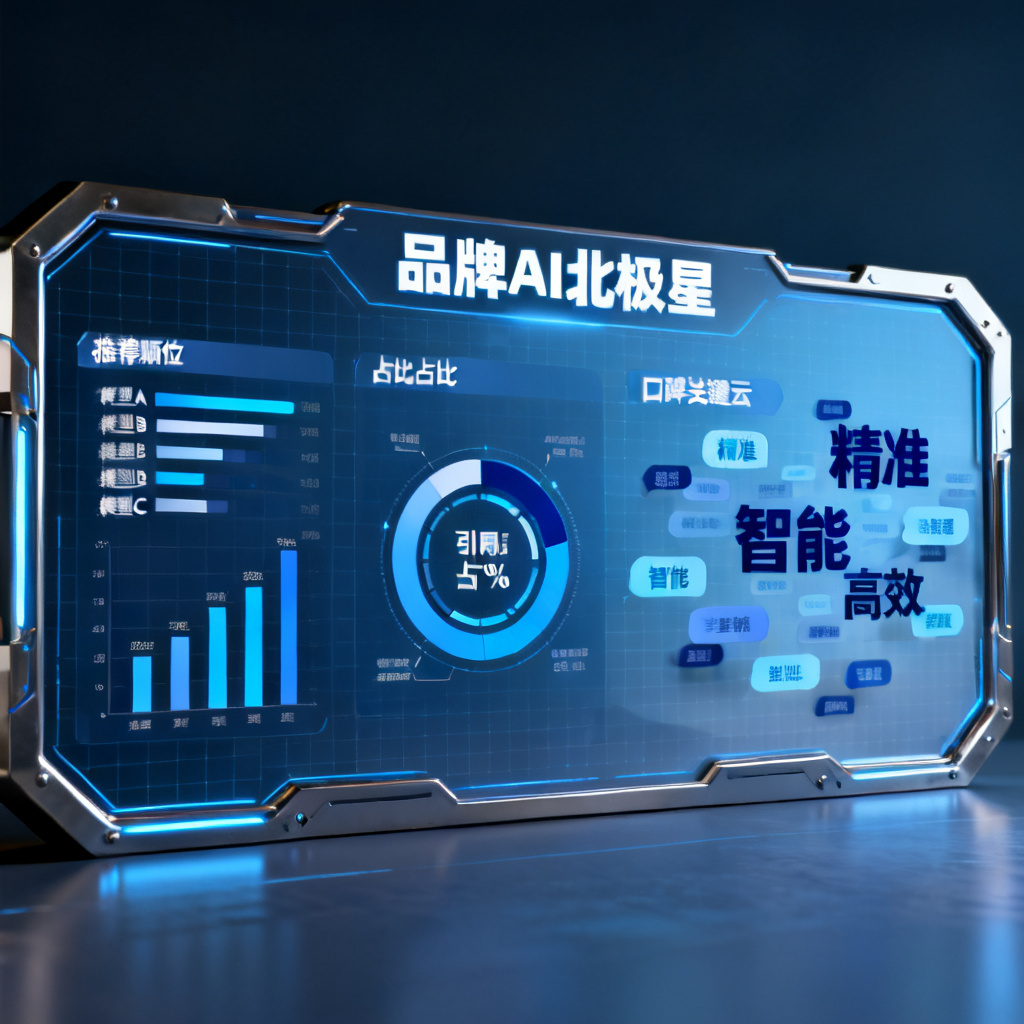 品牌AI北极星的可视化仪表盘，展示品牌在多个AI模型中的推荐顺位、引用占比和口碑关键词云，风格为科技感蓝色调