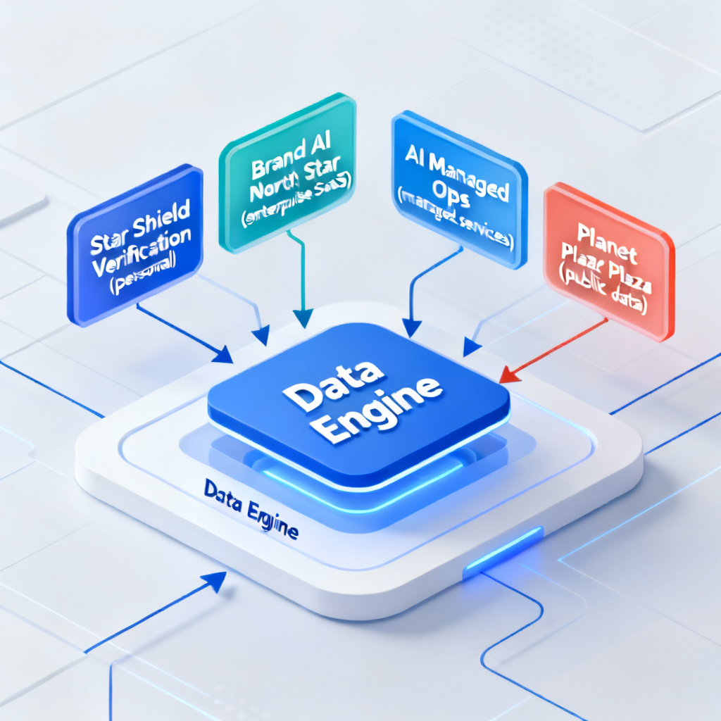 A conceptual diagram of the SearchStar product matrix, showing a central base layer labeled "Data Engine" with arrows connecting to four application modules: Star Shield Verification (personal), Brand AI North Star (enterprise SaaS), AI Managed Ops (managed services), and Planet Plaza (public data). Each module is color-coded, and the overall design is clean, with a futuristic blue and white theme.