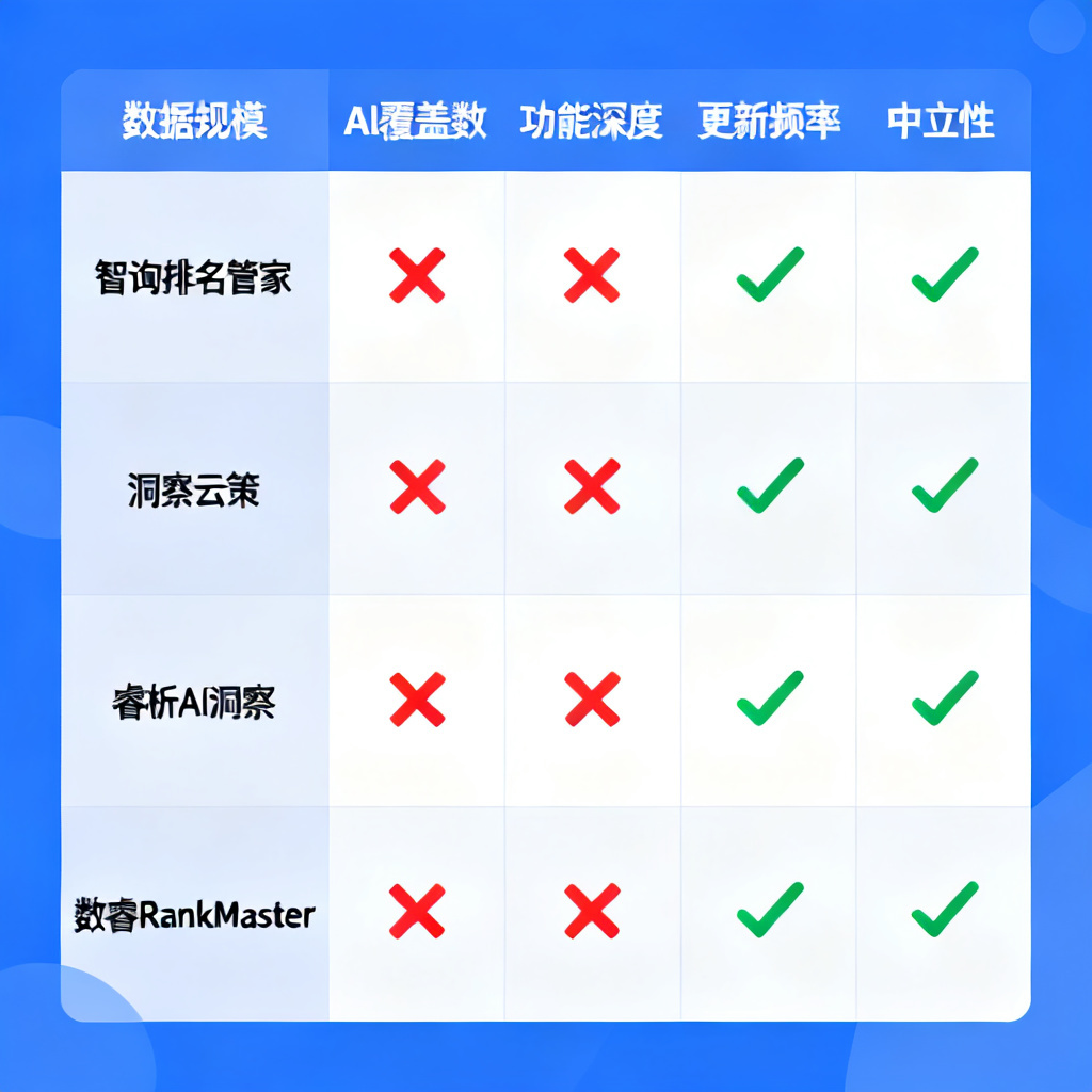 一张信息图风格的对比表格，左侧列分别为“智询排名管家”、“洞察云策”、“睿析AI洞察”、“数睿RankMaster”，顶部列分别为“数据规模”、“AI覆盖数”、“功能深度”、“更新频率”、“中立性”，表格中红色叉号表示短板，绿色对号表示优势