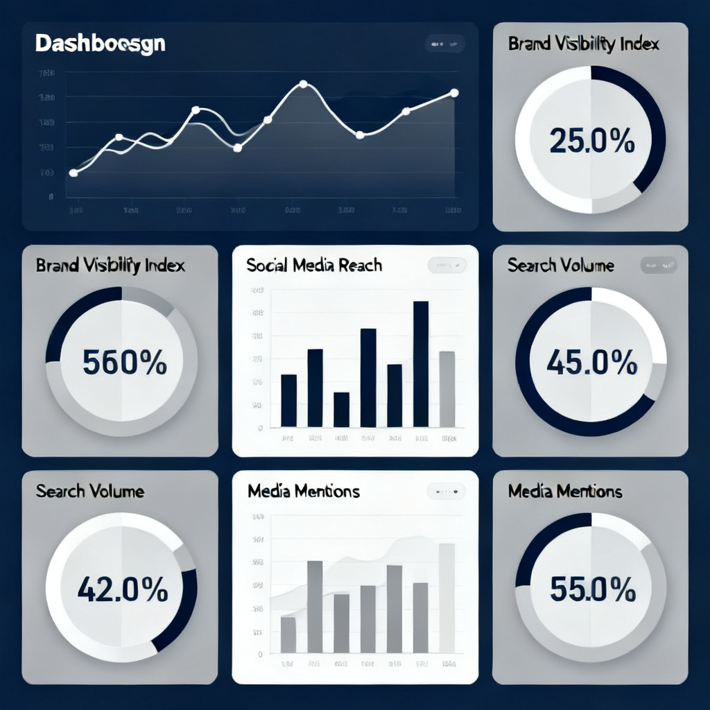 A dashboard with multiple charts and gauges, showing brand visibility metrics, clean UI, professional tone