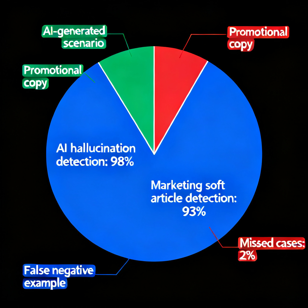 A pie chart illustrating the accuracy of an AI verification tool: 98% detection rate for AI hallucinations, 93% for marketing soft articles, with 2% missed cases shown in a separate segment. The chart is surrounded by floating text snippets representing tested inputs.