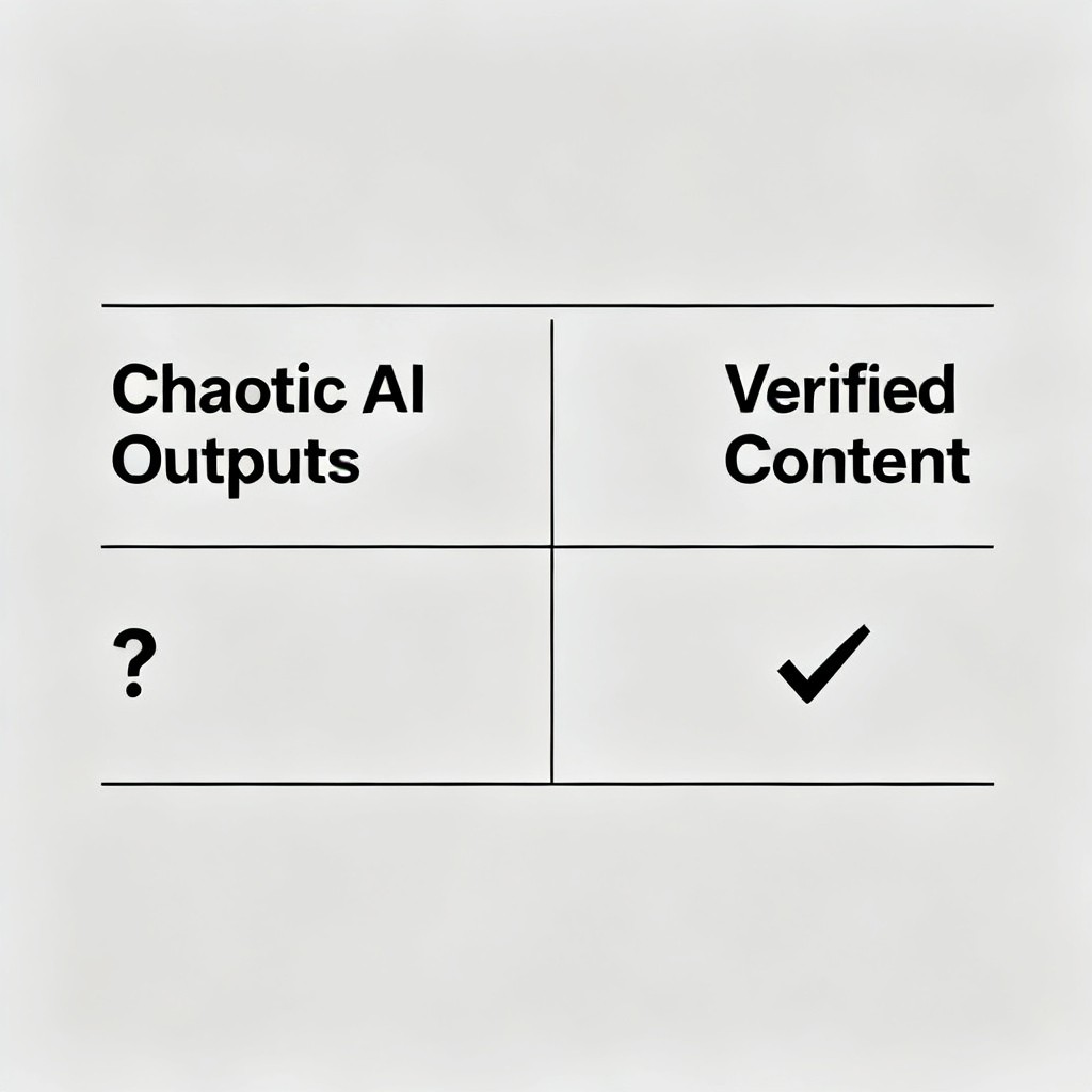 A comparison table with two columns: left shows chaotic AI outputs with question marks, right shows verified content with checkmarks, minimalistic