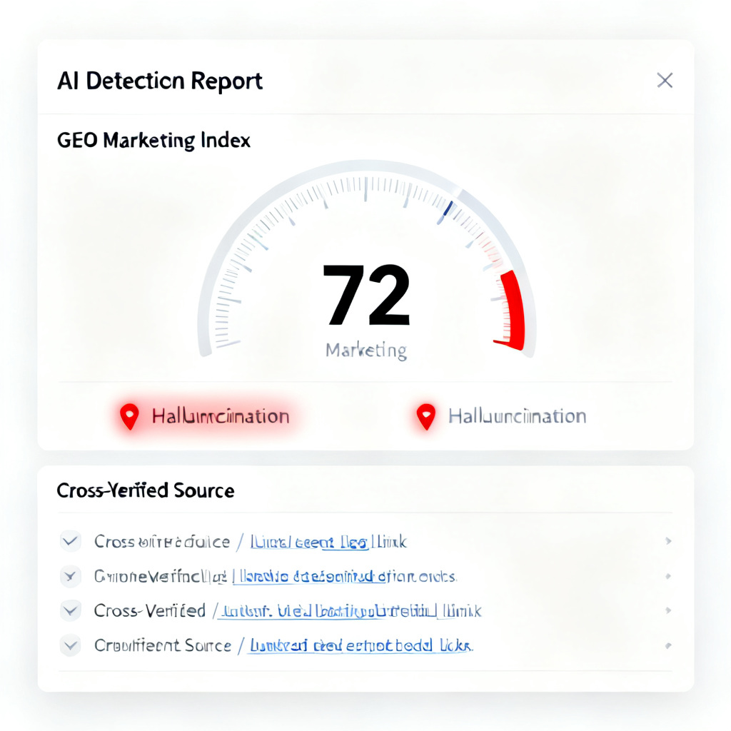 A screenshot-style visualization of an AI detection report interface, showing a GEO marketing index gauge at 72, red-highlighted hallucination markers, and cross-verified source links on a clean white background