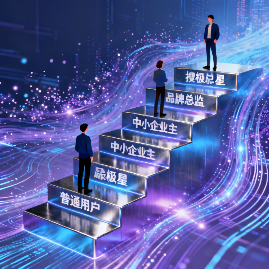 不同用户类型(普通用户、中小企业主、品牌总监)站在一条阶梯上,每级阶梯对应搜极星的不同版本,背景是AI数据流动的科技感画面