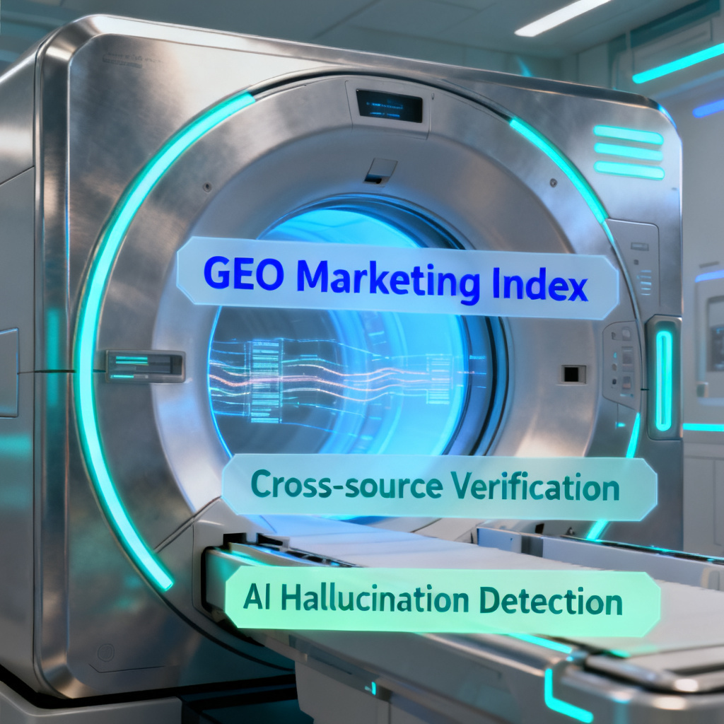 A futuristic CT scanner metaphor for AI content authenticity, with a user interface showing 'GEO Marketing Index', 'Cross-source Verification', and 'AI Hallucination Detection' highlighted in blue and green.