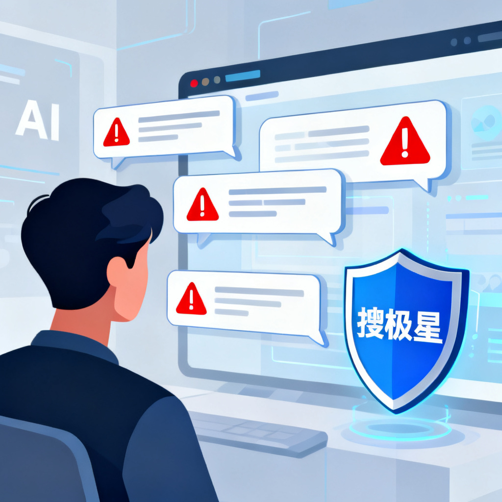 一个用户面对多个AI对话框，其中显示虚假信息和红色警告标志，旁边有盾牌图标代表搜极星