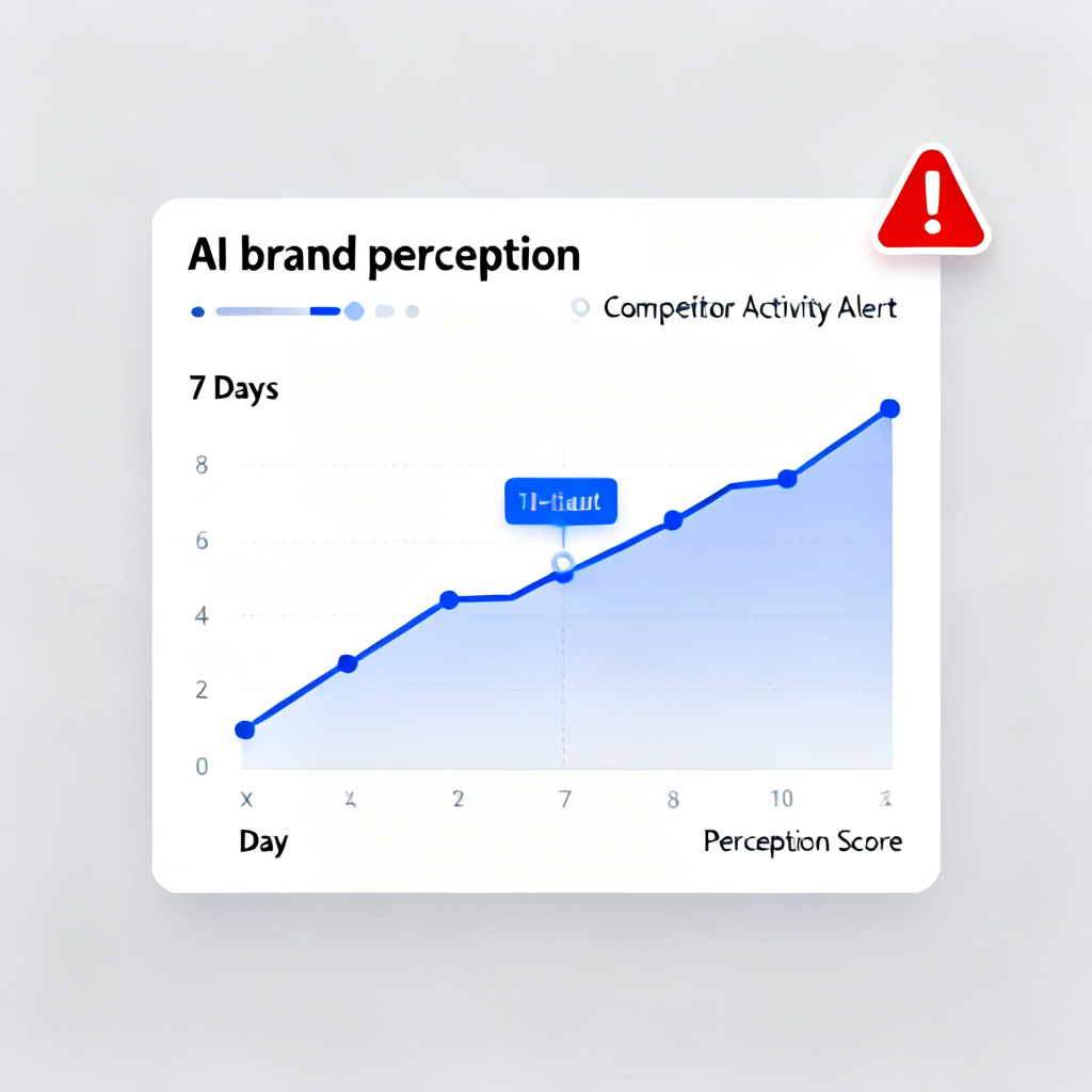 A dashboard showing real-time brand perception metrics, with a line chart tracking 'AI brand perception' over 7 days and an alert icon for competitor activity.