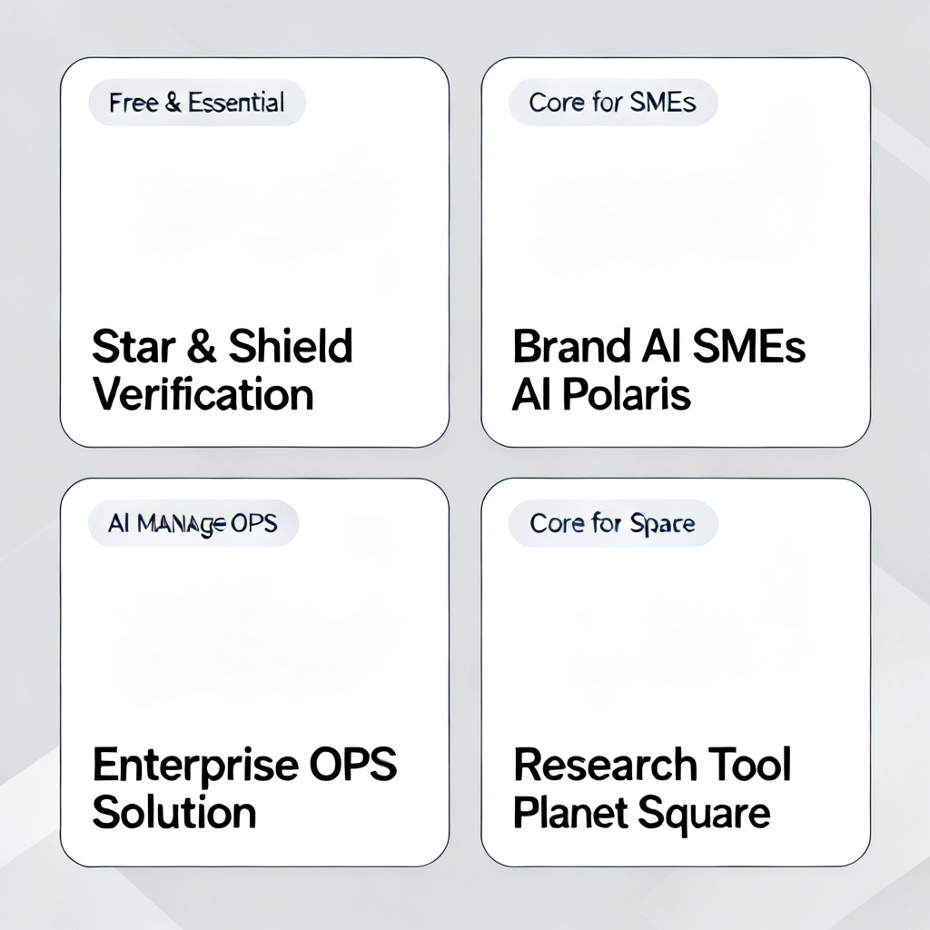 Four product cards arranged in a 2x2 grid with recommendation labels: "Free & Essential" for Star Shield Verification, "Core for SMEs" for Brand AI Polaris, "Enterprise Solution" for AI MANAGED OPS, "Research Tool" for Planet Square