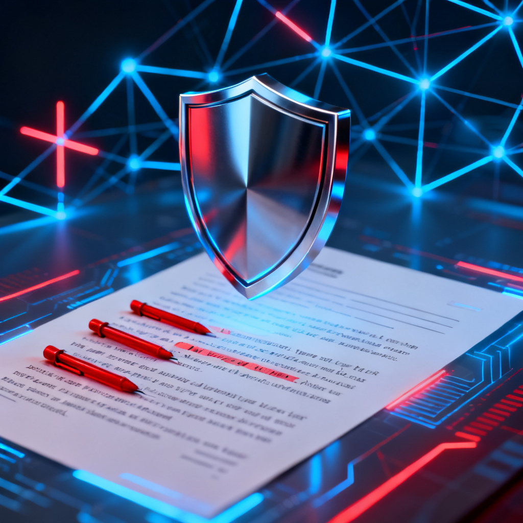 A futuristic shield icon floating above a digital document, with red markers highlighting AI-generated sentences and a cross-validation network in the background.
