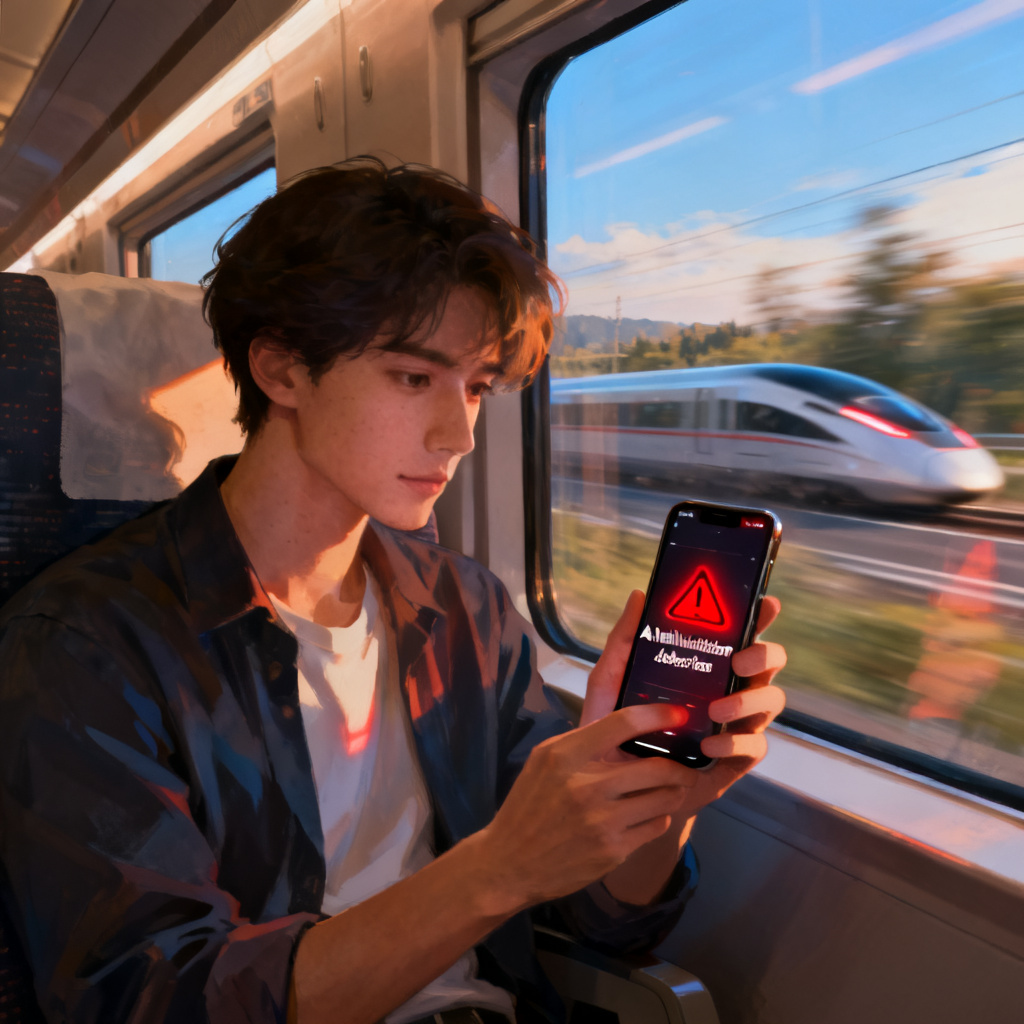 A person sitting on a high-speed train, holding a smartphone with a red alert icon indicating AI hallucination detection, surrounded by blurred scenery outside the window, realistic digital art style