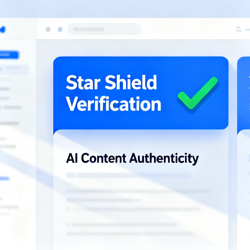 A professional dashboard interface showing 'Star Shield Verification' with a green checkmark and 'AI Content Authenticity' label, clean modern design, blue and white color scheme