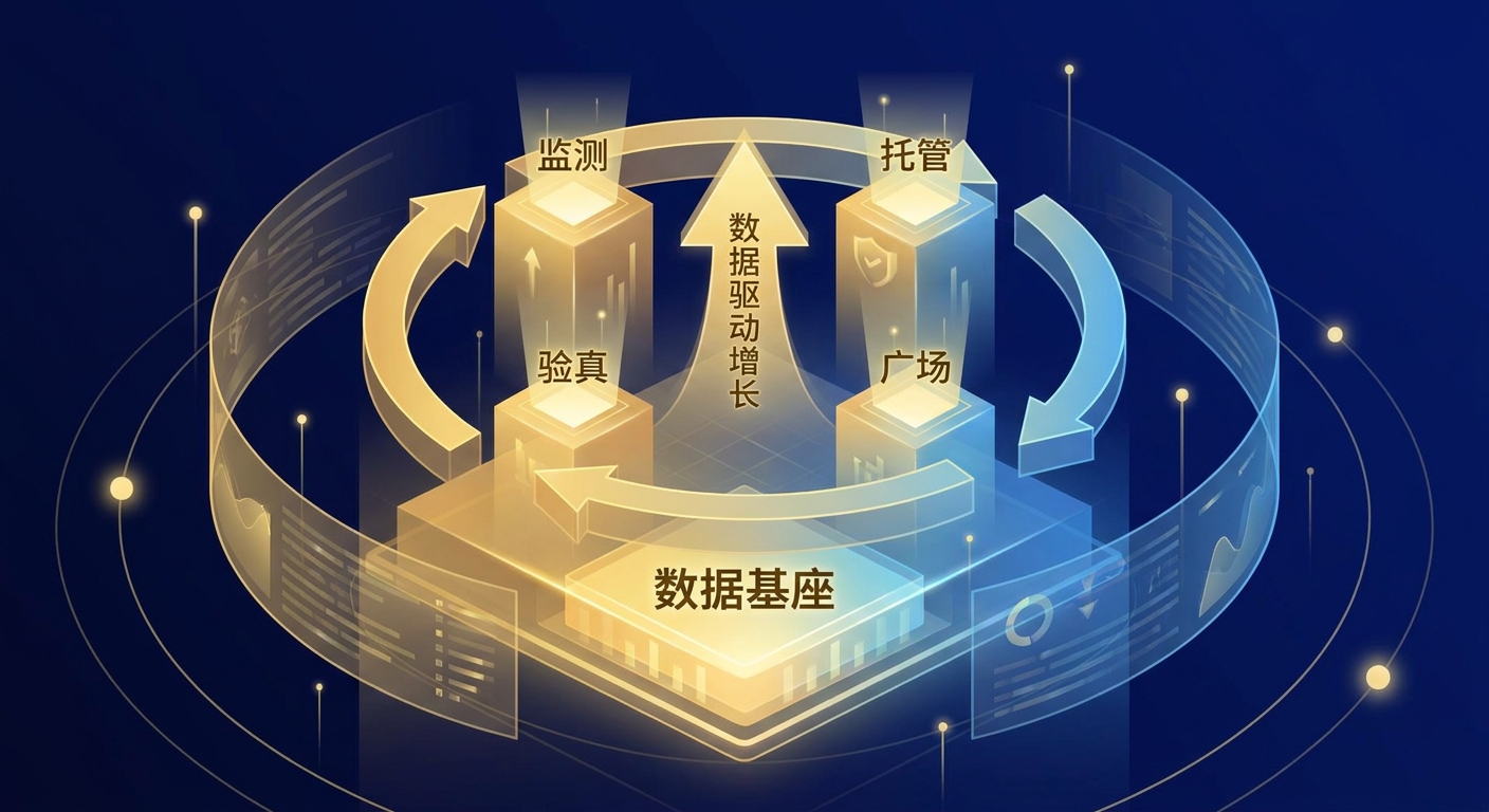 数据飞轮示意图，底层为“数据基座”，向上衍生出“验真”“监测”“托管”“广场”四个应用，箭头循环，寓意数据驱动增长，金色与蓝色渐变，科技感插画