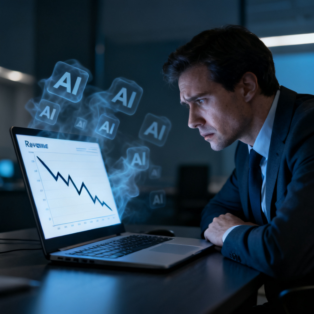 A professional business executive staring at a laptop screen showing a dramatic drop in revenue chart, with ghostly AI logos floating around, representing brand invisibility in AI models. Style: realistic, cinematic lighting, dark blue and gray tones.