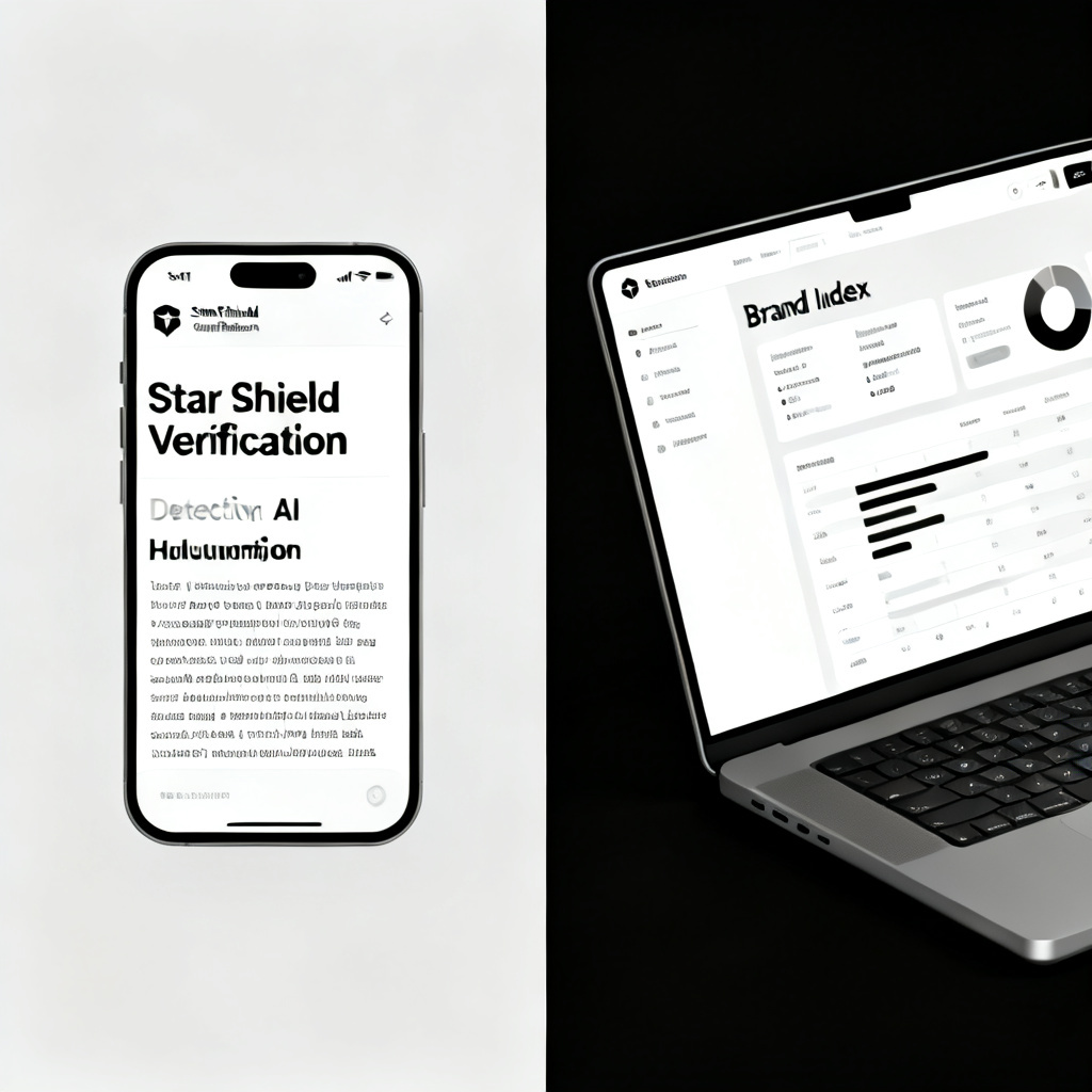 A split screen comparing a smartphone screen showing 'Star Shield Verification' detecting AI hallucination in a text, and a laptop showing a brand index report, clean UI, minimalistic design