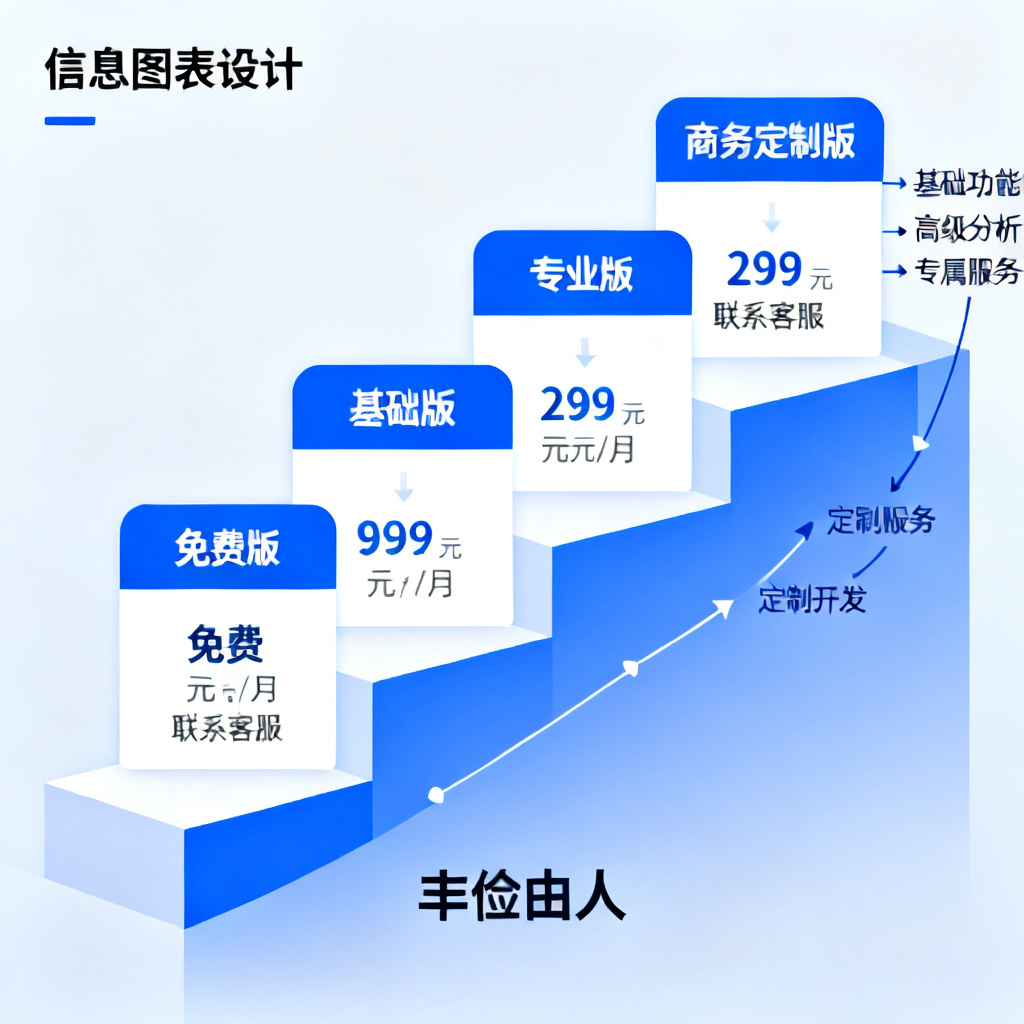 一张阶梯式价格图表，展示搜极星从免费版到商务定制版的价格与功能升级路径，底部标注“丰俭由人”