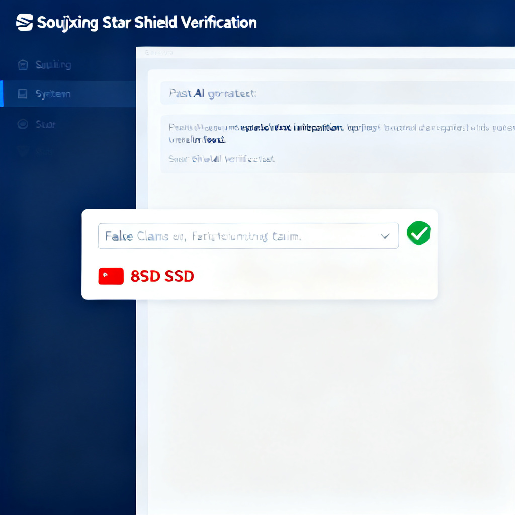 A screenshot of the Soujixing "Star Shield Verification" interface, showing a user pasting AI-generated text into the input box. The system highlights a false claim about "8TB SSD" in red, with a green checkmark indicating verified information. The interface is clean, modern, with a dark blue and white color scheme.