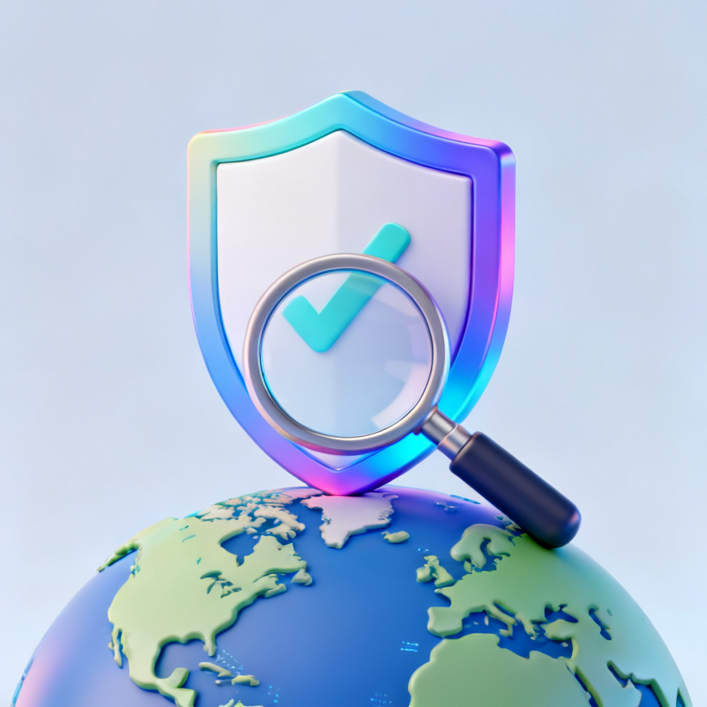 A shield icon with a magnifying glass over a globe, representing AI verification and global data penetration, in a 3D style with gradient colors