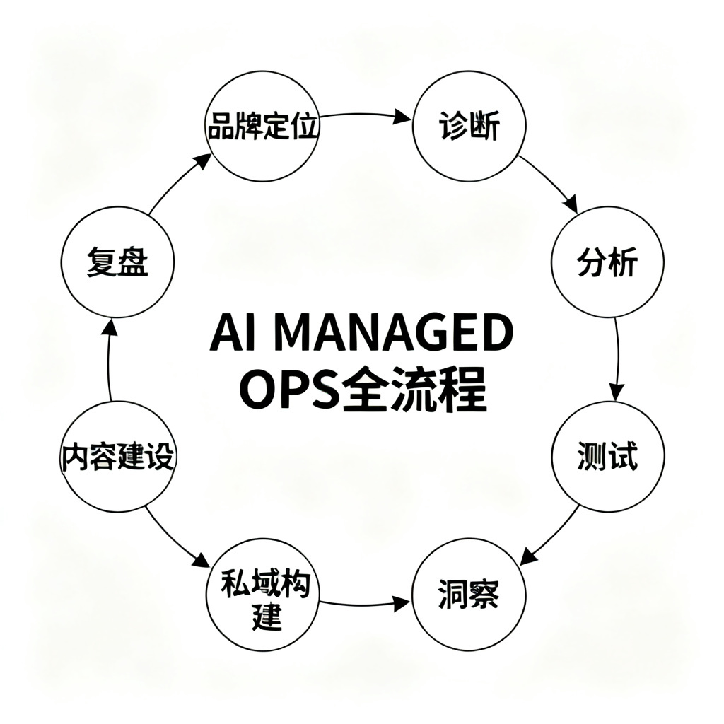 一张展示AI MANAGED OPS全流程的示意图,从品牌定位到诊断、分析、测试、内容建设、私域构建、洞察、复盘的8步闭环