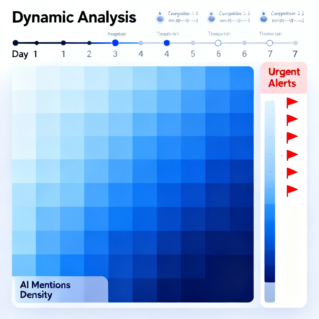 A real-time monitoring dashboard for the 'Dynamic Analysis' version, showing a 7-day timeline with alerts for competitor activity. The interface includes a heatmap of AI mentions and a notification panel with red flags for urgent issues.