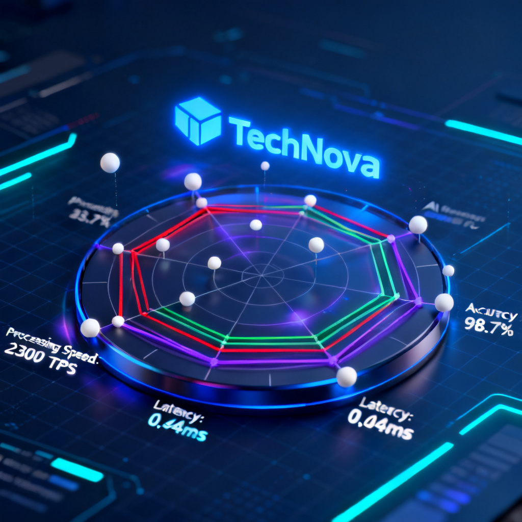 A futuristic dashboard interface displaying a 3D radar chart with multiple colored lines representing different AI models, with a central brand logo glowing in blue, surrounded by floating data points and real-time metrics