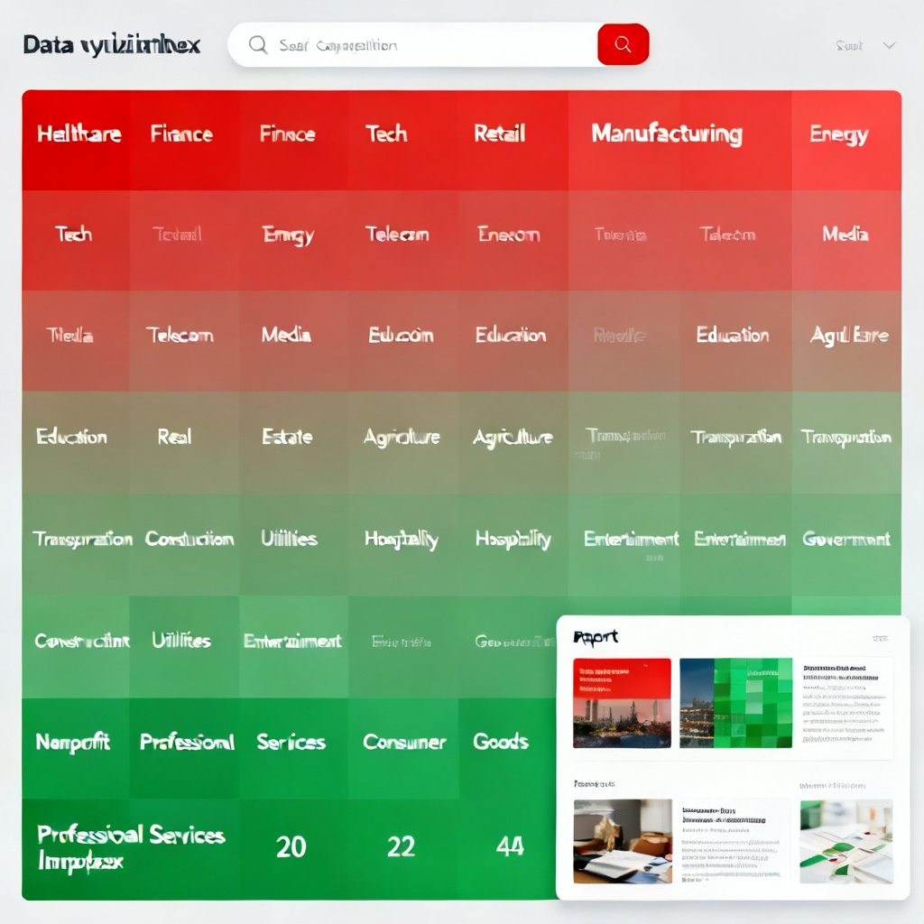 A heatmap of industry indices, with 20 categories like 'Healthcare', 'Finance', 'Tech' colored from red (high competition) to green (low competition). Overlaid with search bars and report previews.