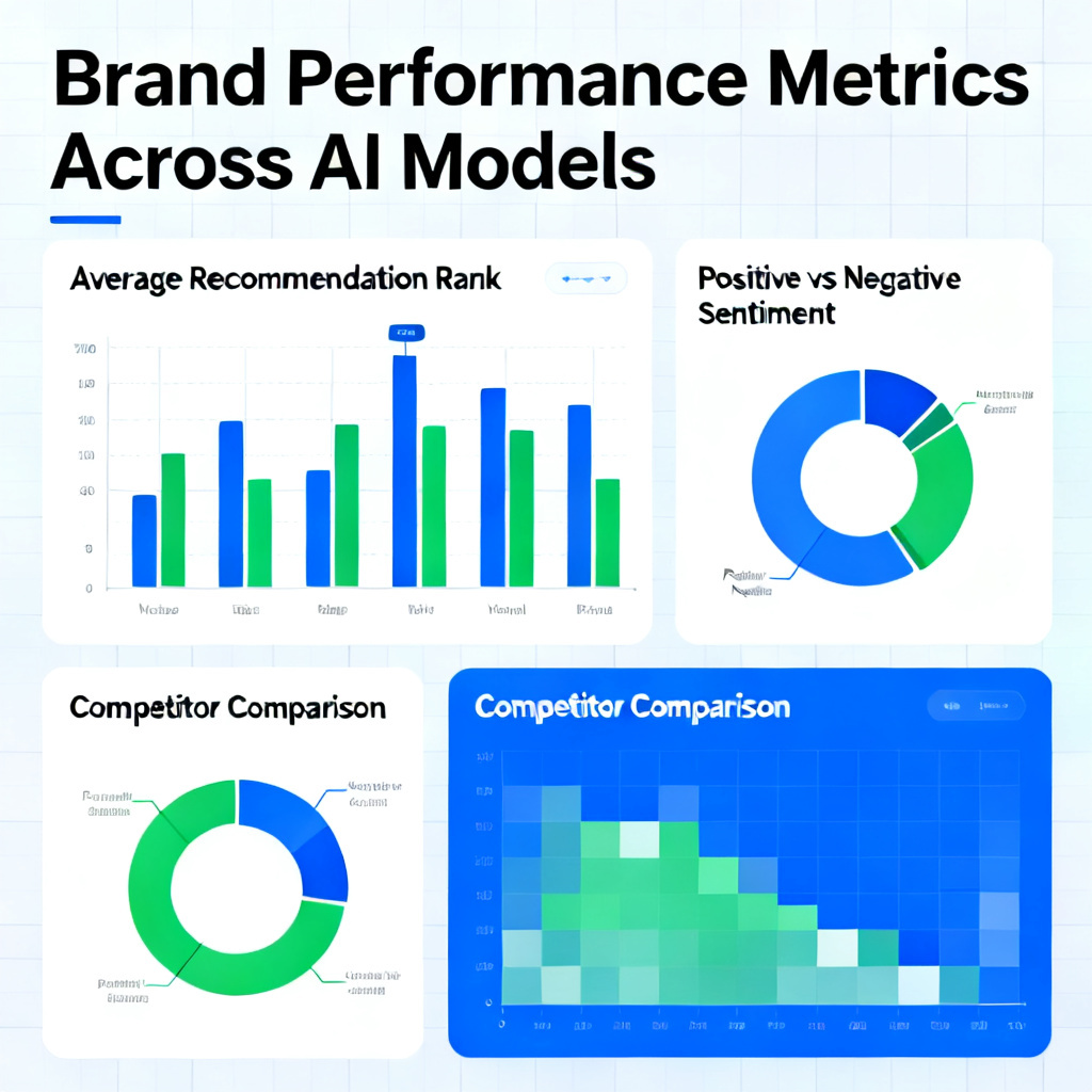 A dynamic dashboard interface showing brand performance metrics across multiple AI models, with bar charts for "Average Recommendation Rank", pie charts for "Positive vs Negative Sentiment", and a heatmap for competitor comparison.