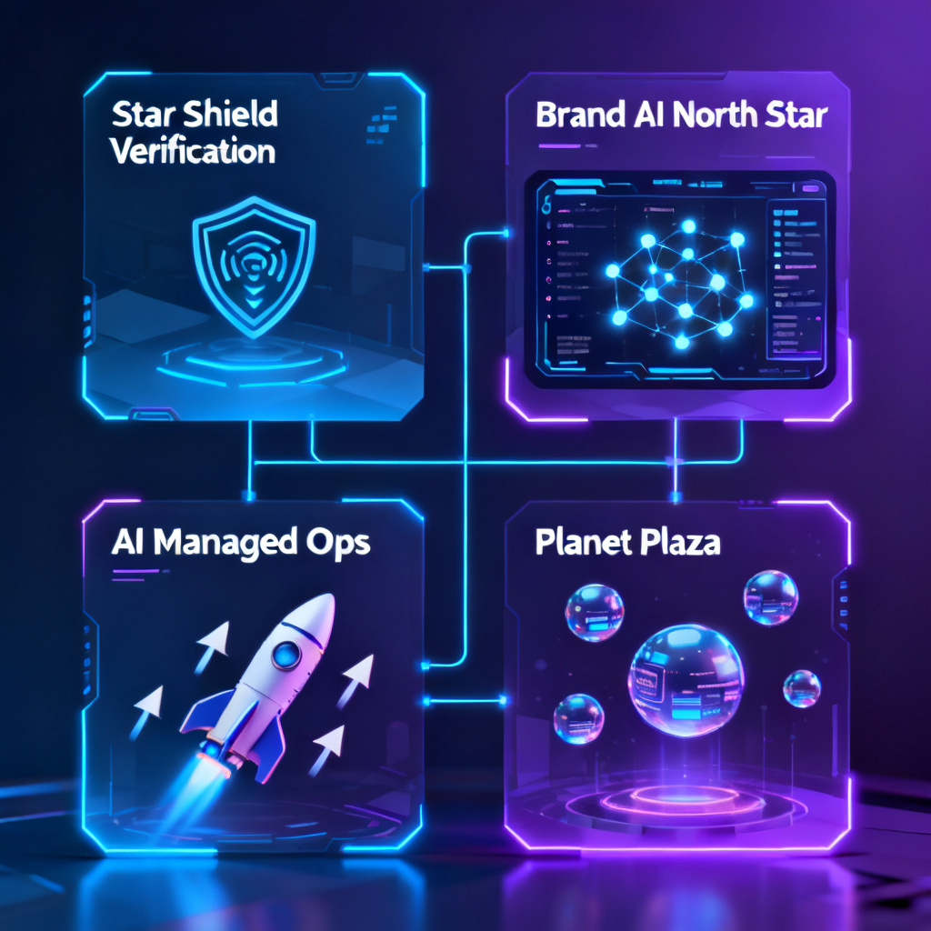 A futuristic interface showing four modules arranged in a square layout: Star Shield Verification with a scanning icon, Brand AI North Star with a dashboard with glowing nodes, AI Managed Ops with a rocket and arrows, and Planet Plaza with floating data spheres. Each module is connected by glowing lines.