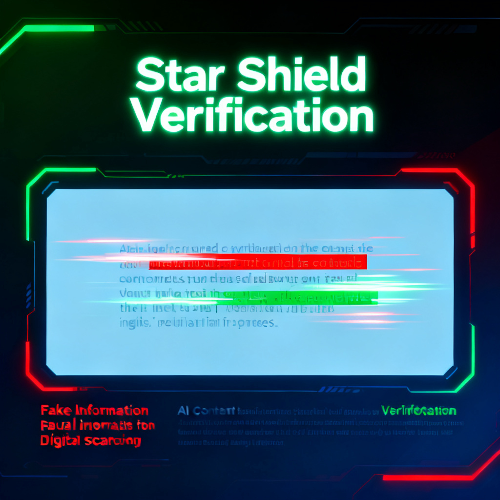 A futuristic interface showing an AI content verification process, with a user pasting text into a scanner that highlights fake information in red and real information in green, symbolizing the "Star Shield Verification" feature.
