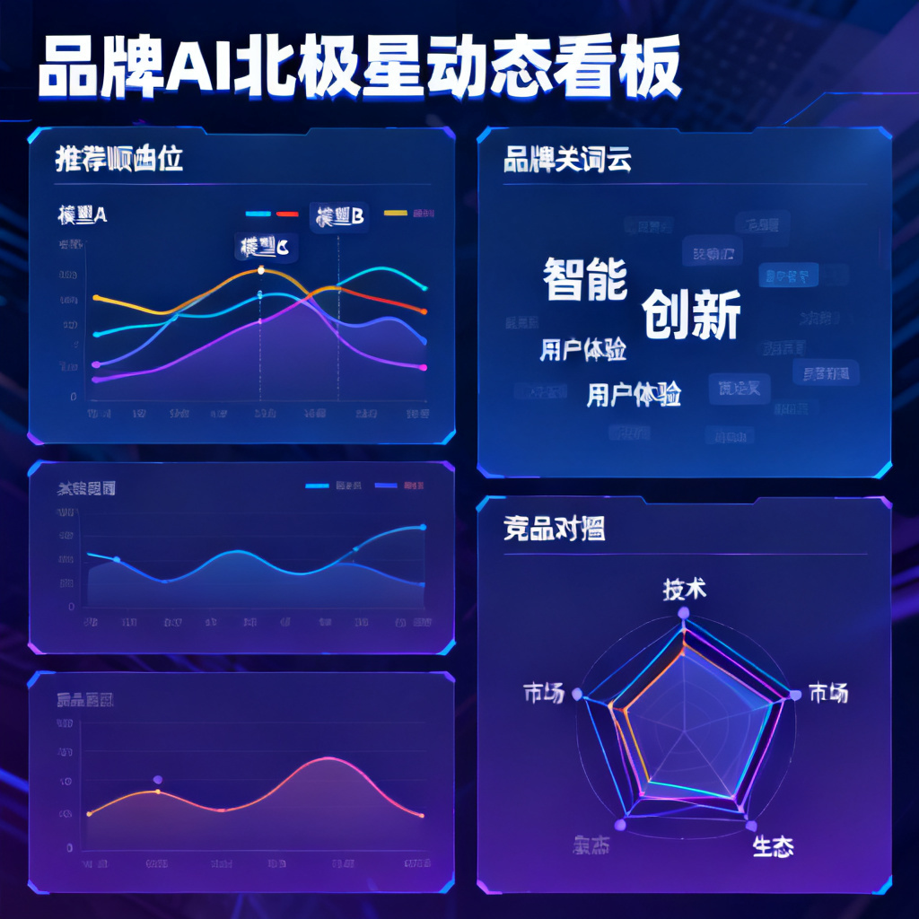 品牌AI北极星动态看板界面，显示品牌在不同AI大模型中的推荐顺位曲线、关键词云、竞品对标雷达图，数据可视化大屏风格