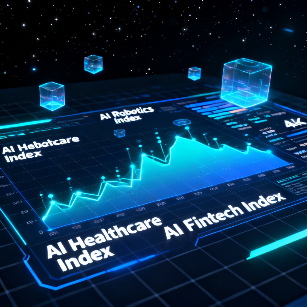 A futuristic data dashboard displaying AI industry indices for various sectors, with glowing graphs and real-time updates, sci-fi style, 4K