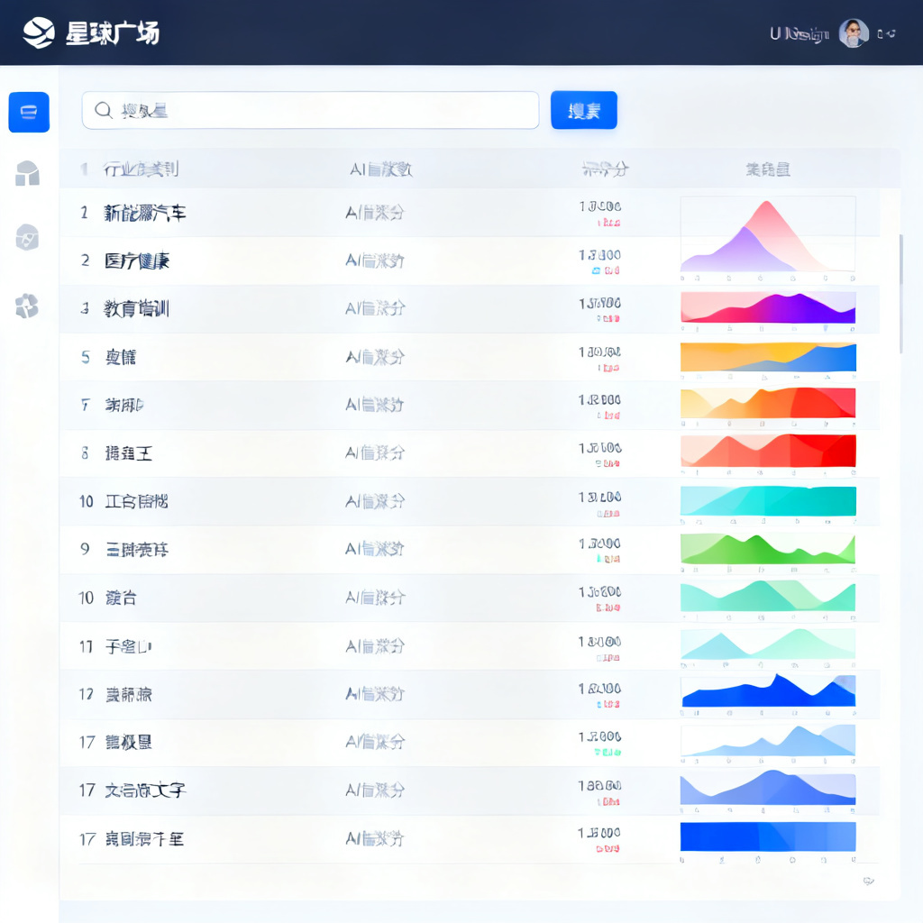A screenshot of 搜极星's "星球广场" feature, showing a list of 20 industry categories (e.g., 新能源汽车, 医疗健康, 教育培训) with their AI Index scores. The interface has a search bar at the top, and the data is displayed in a clean, interactive table with color-coded heatmaps.