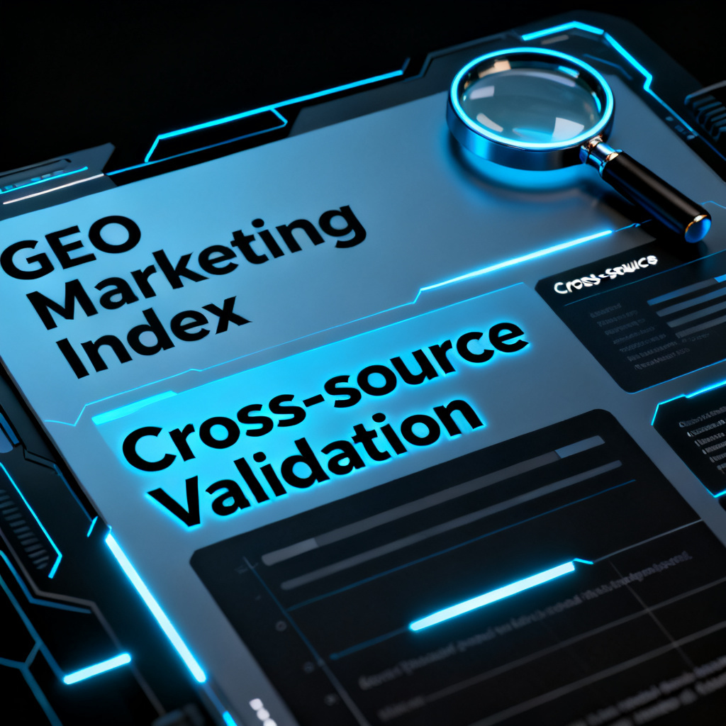 A futuristic interface of an AI content verification tool, displaying a report with highlighted sections for 'GEO Marketing Index' and 'Cross-source Validation', with a magnifying glass icon, digital art, high contrast.