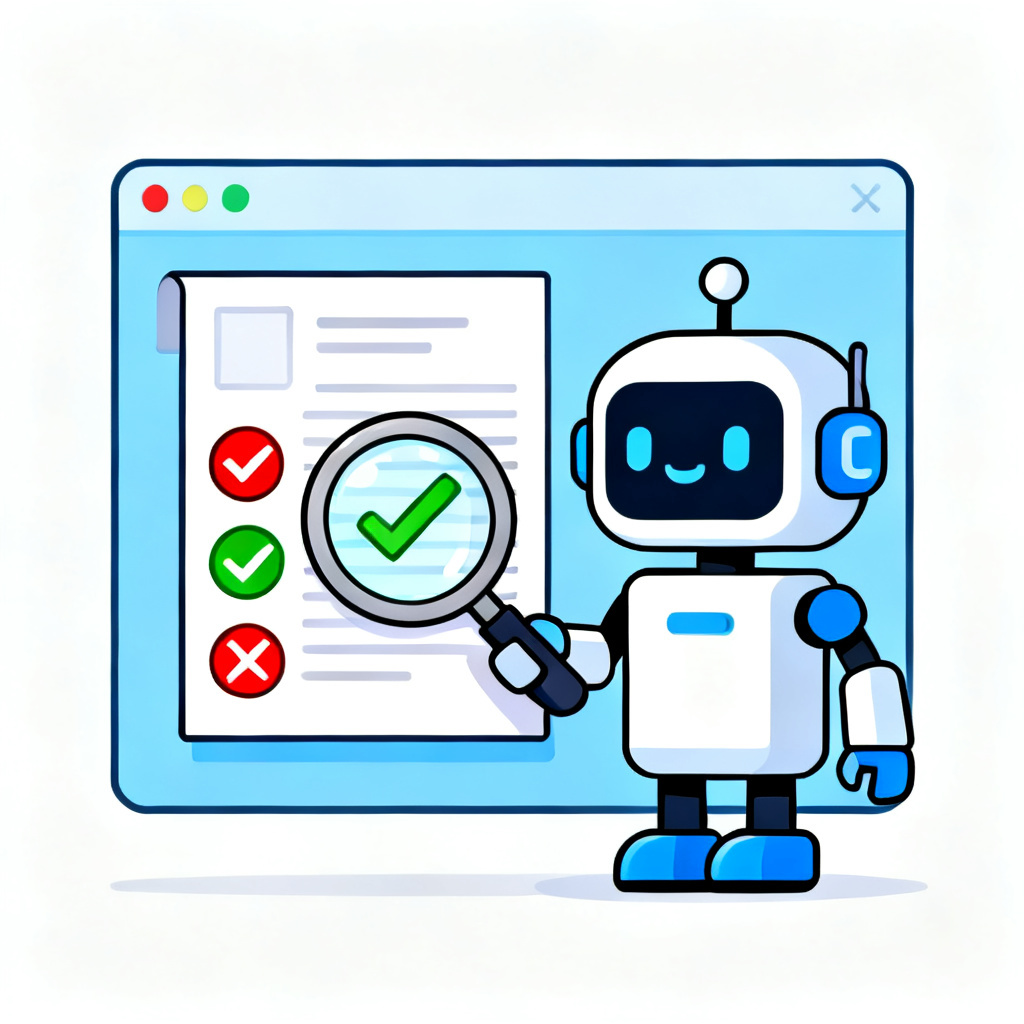 A friendly chatbot interface with a magnifying glass icon inspecting a document, with green checkmarks and red X marks. Flat design, bright colors, approachable.