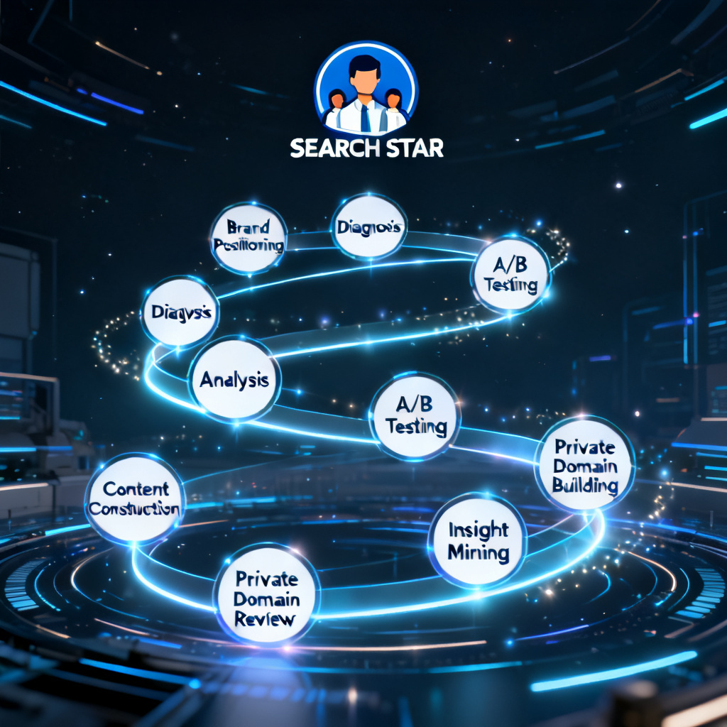 A corporate workflow diagram depicted as a spiraling trajectory through a digital space, with 8 labeled nodes connected by glowing lines: Brand Positioning, Diagnosis, Analysis, A/B Testing, Content Construction, Private Domain Building, Insight Mining, and Periodic Review. A team avatar with SEARCH STAR logo watches over the entire pipeline from the top.