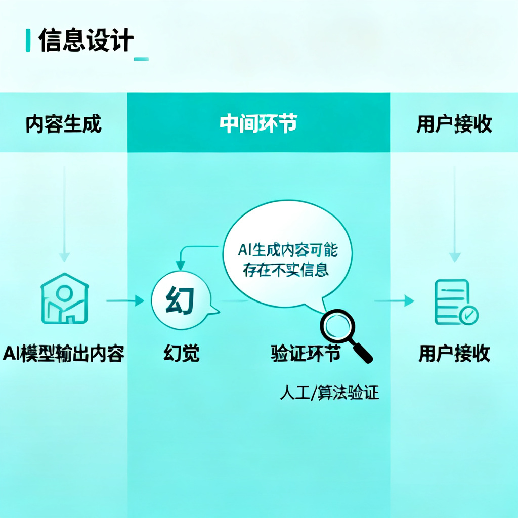 一张信息图表，展示AI生成内容从产生到被用户接收的过程，中间出现一个“幻觉”气泡，旁边有放大镜图案表示验证。