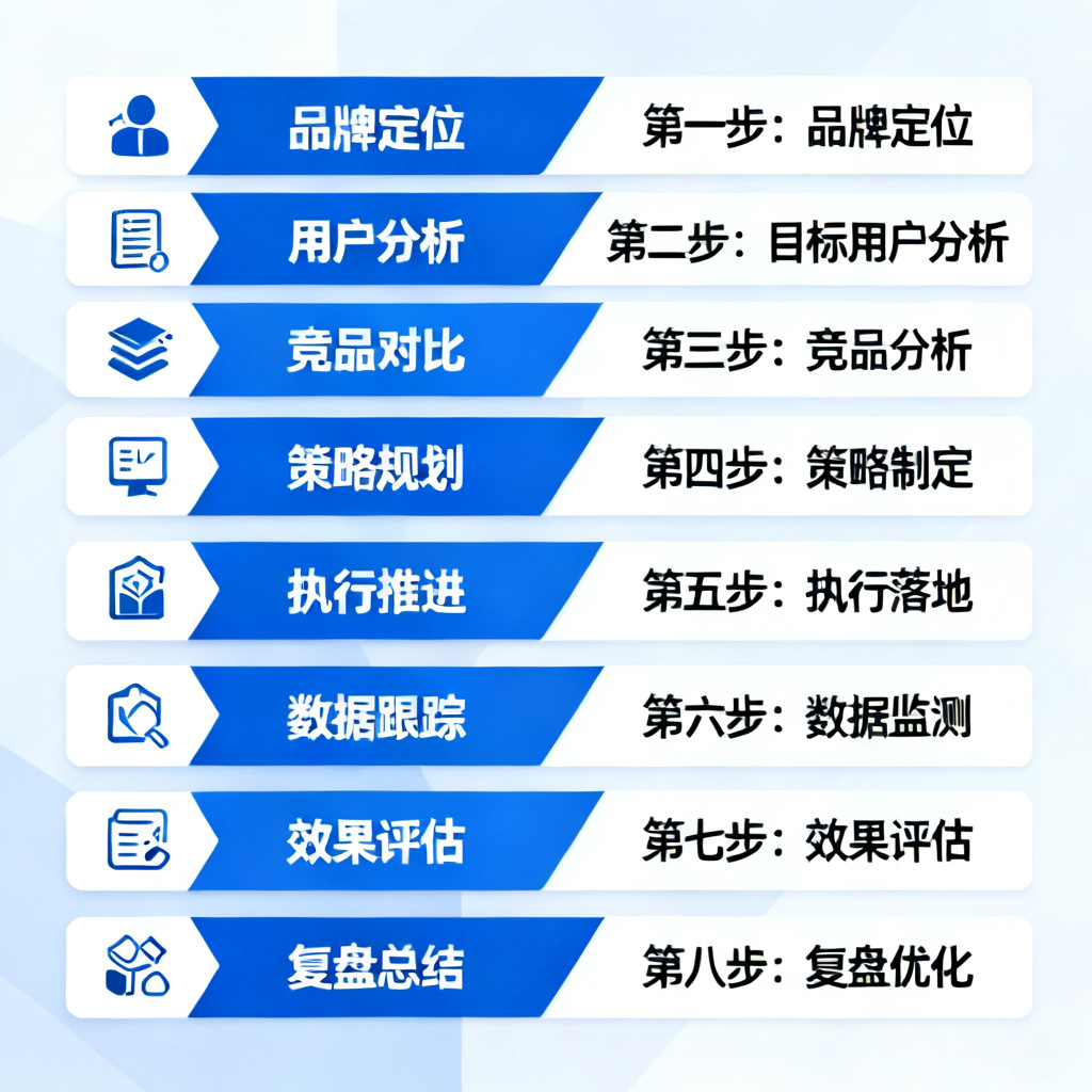 一个清晰的流程图，展示从品牌定位到复盘的8个步骤，每个步骤用图标和文字标注，整体设计简洁专业