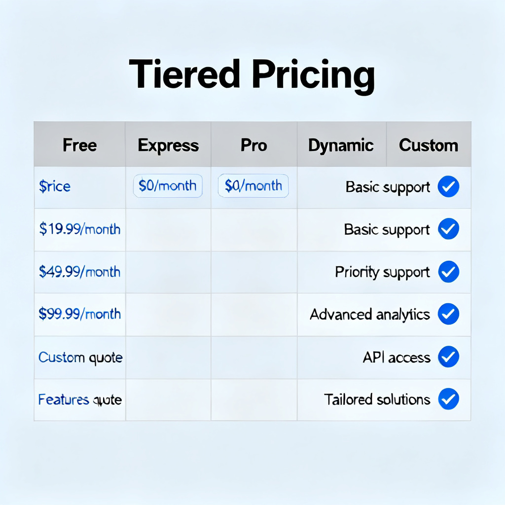 A comparison table with tiers of service packages (Free, Express, Pro, Dynamic, Custom) with price tags and feature checkmarks, representing 'Tiered Pricing'.