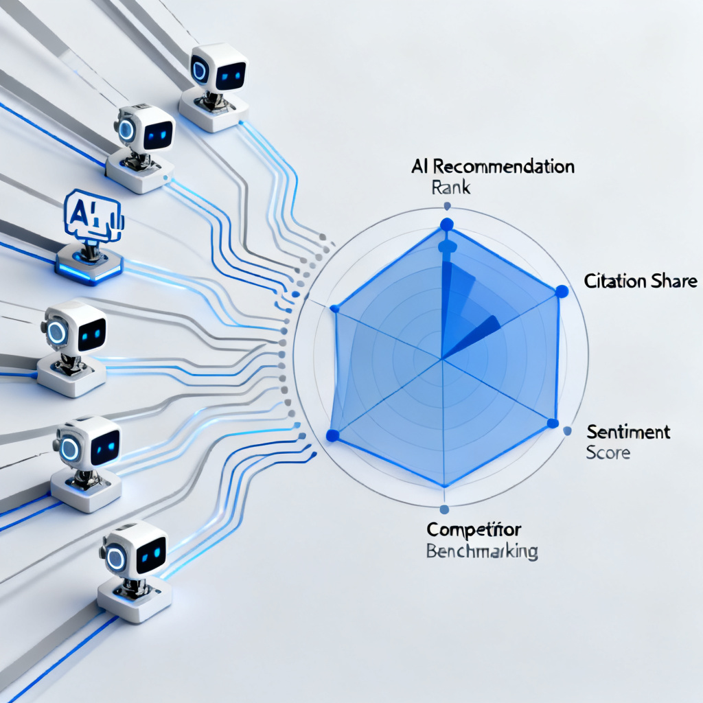 A business dashboard showing a radar chart with brand metrics like "AI Recommendation Rank", "Citation Share", "Sentiment Score", and "Competitor Benchmarking", with real-time data streams flowing from multiple AI model icons on the left