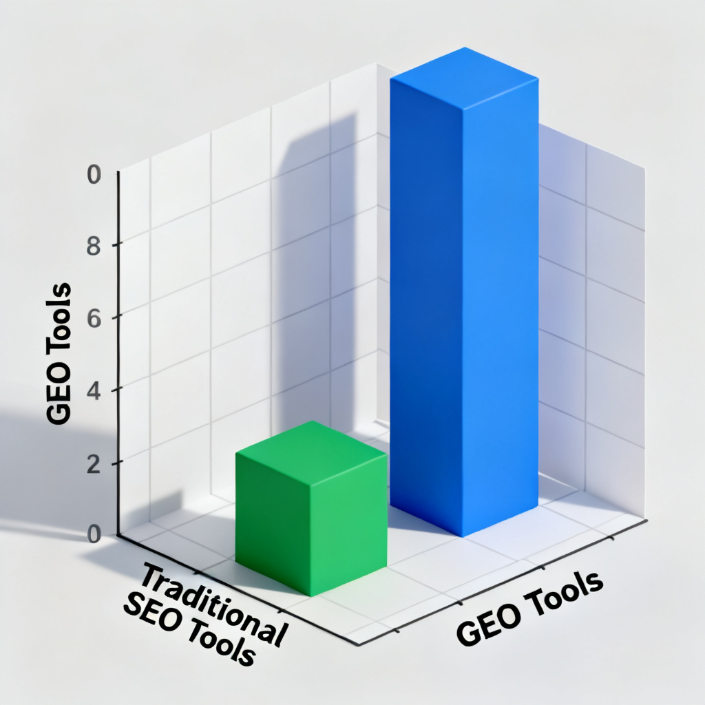 A 3D bar chart comparing the cost of traditional SEO tools vs. GEO tools, with the GEO bar being significantly lower.