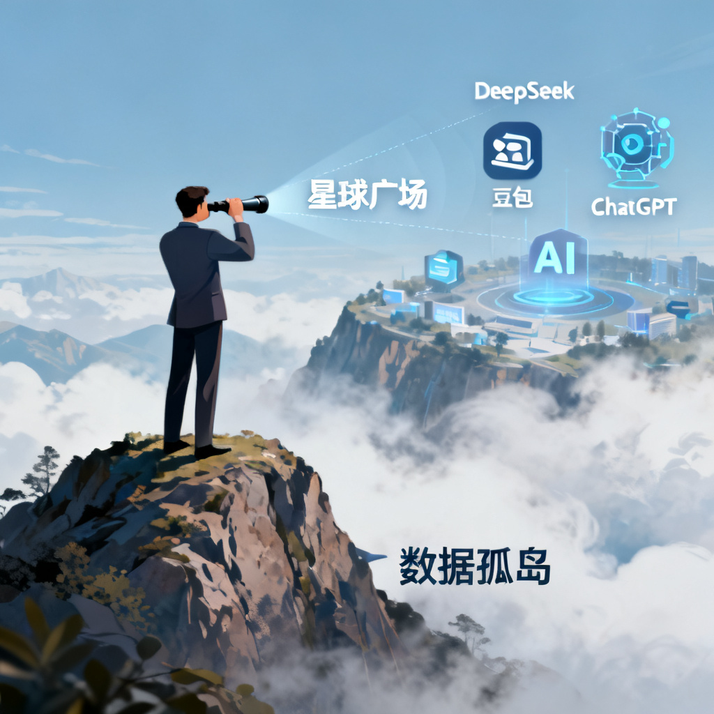 一个站在山顶的企业决策者形象，手持望远镜，望远镜视野中标注“星球广场”，远处有多个AI模型图标（DeepSeek、豆包、ChatGPT），山顶下标注“数据孤岛”的迷雾被驱散