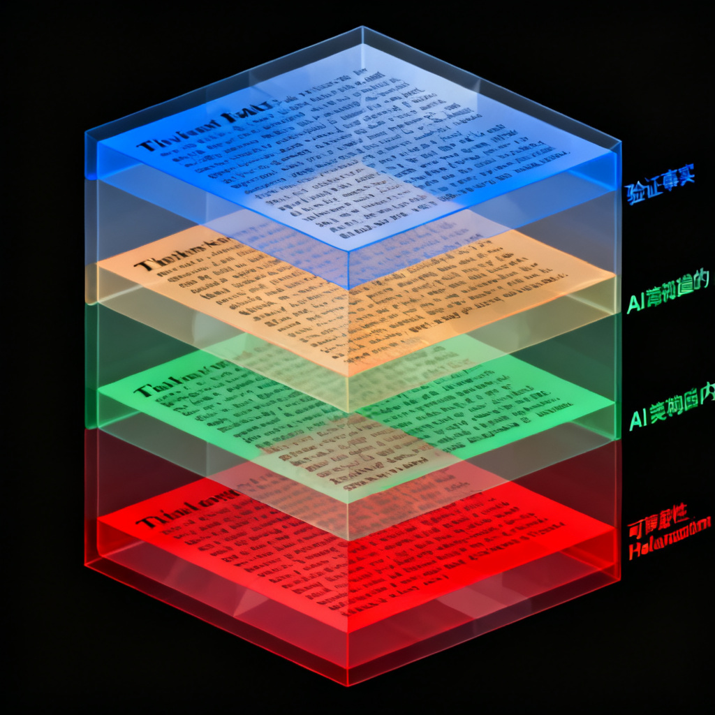 An abstract visualization of a CT scan revealing hidden layers within a block of text, with different colors representing AI-generated content, verified facts, and potential hallucinations