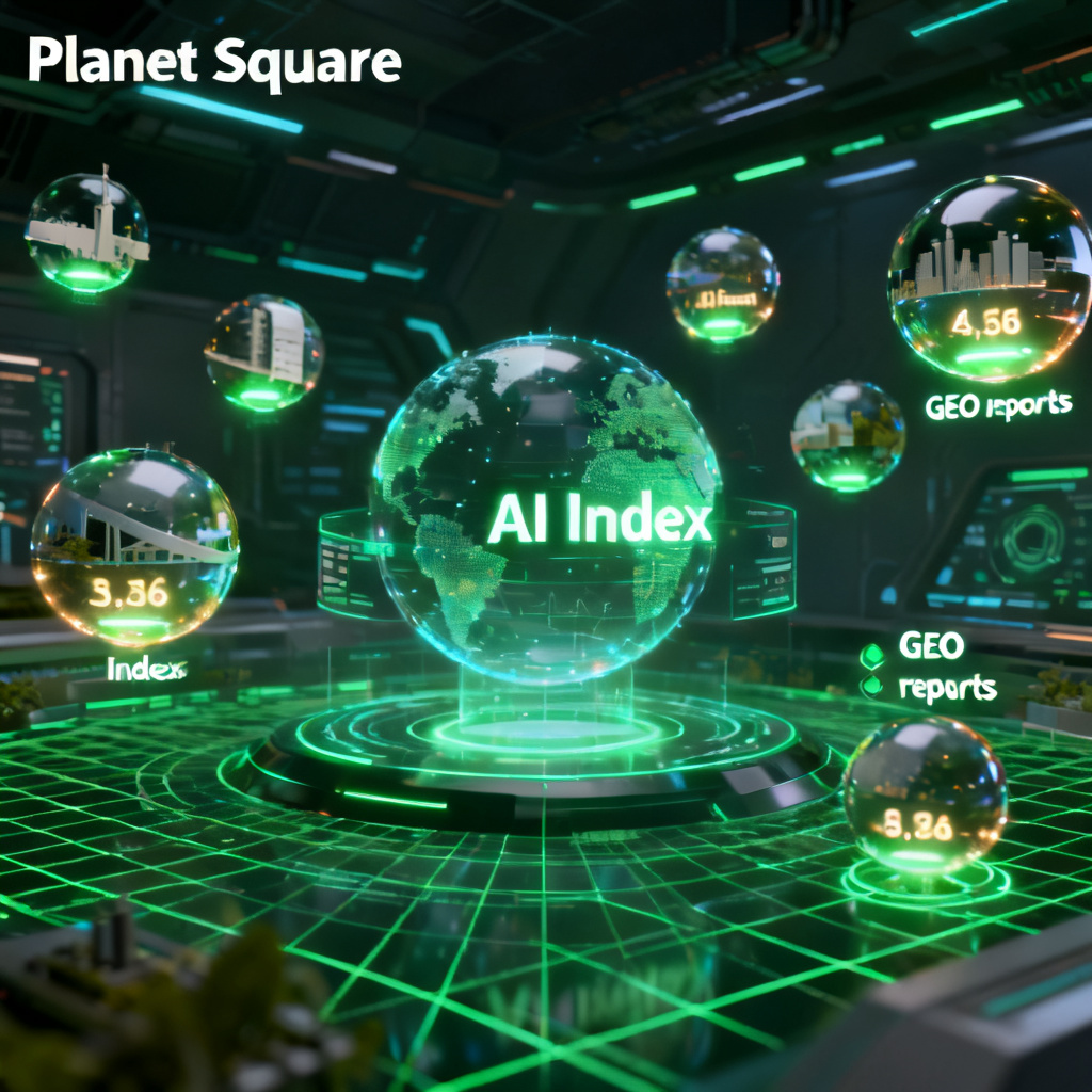 A panoramic view of "Planet Square," a futuristic data hub with floating 3D spheres representing industry sectors, each with a glowing AI Index score. Users can click on spheres to expand GEO reports. Sci-fi interface with holographic elements and green grid lines.