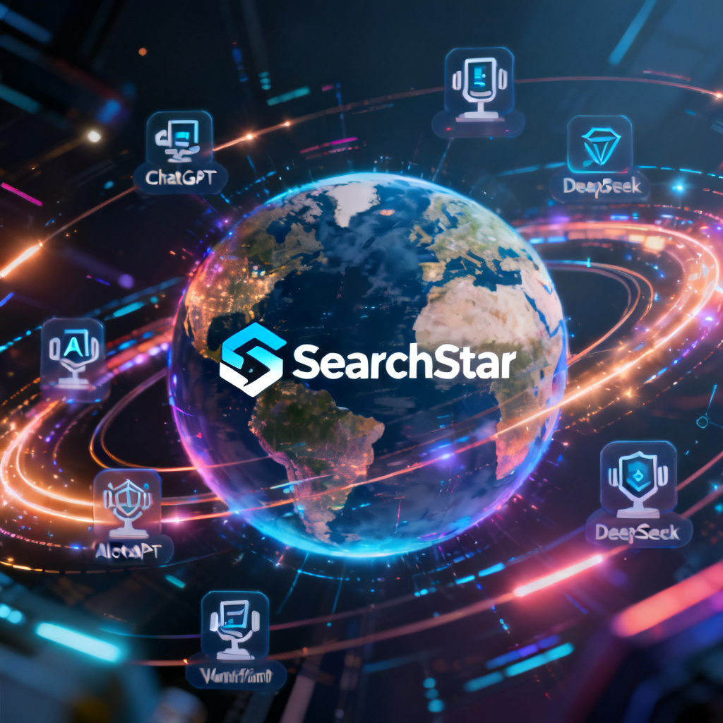 A futuristic brand monitoring concept showing a globe with AI model icons (ChatGPT, DeepSeek, etc.) orbiting around it, with "SearchStar" logo at center, representing cross-platform verification and brand perception analysis, digital art style