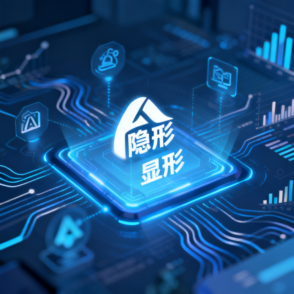 一个品牌标志从模糊的“隐形”状态,经过搜极星扫描后变为清晰的“显形”状态,周围环绕AI大模型图标和数据分析线条