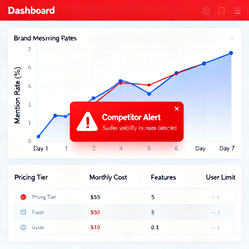 A dashboard interface showing a line chart of brand mention rates over 7 days, with a red alert pop-up indicating a competitor's sudden increase in visibility, alongside a comparison table of four pricing tiers.