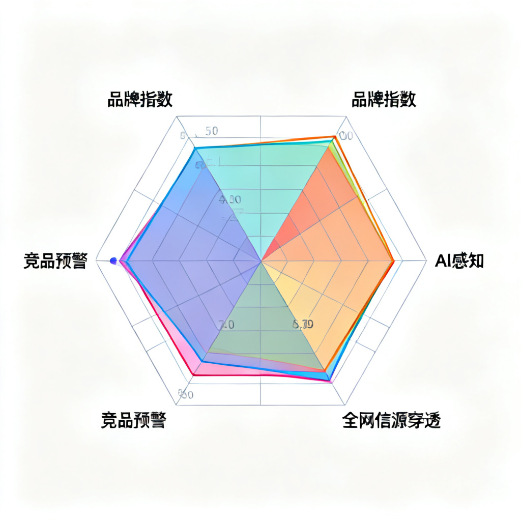 一个雷达图，显示品牌指数、AI感知、全网信源穿透、竞品预警等维度，数值用彩色填充。