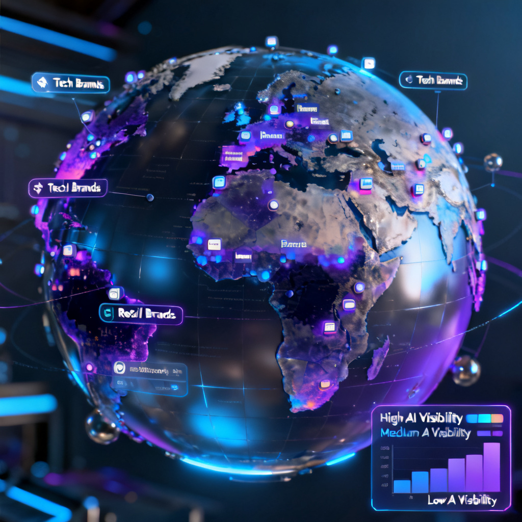 A 3D globe interface showing data points representing brands across different industries, with heat maps indicating AI visibility scores. The interface has a futuristic, data-rich design with interactive elements.