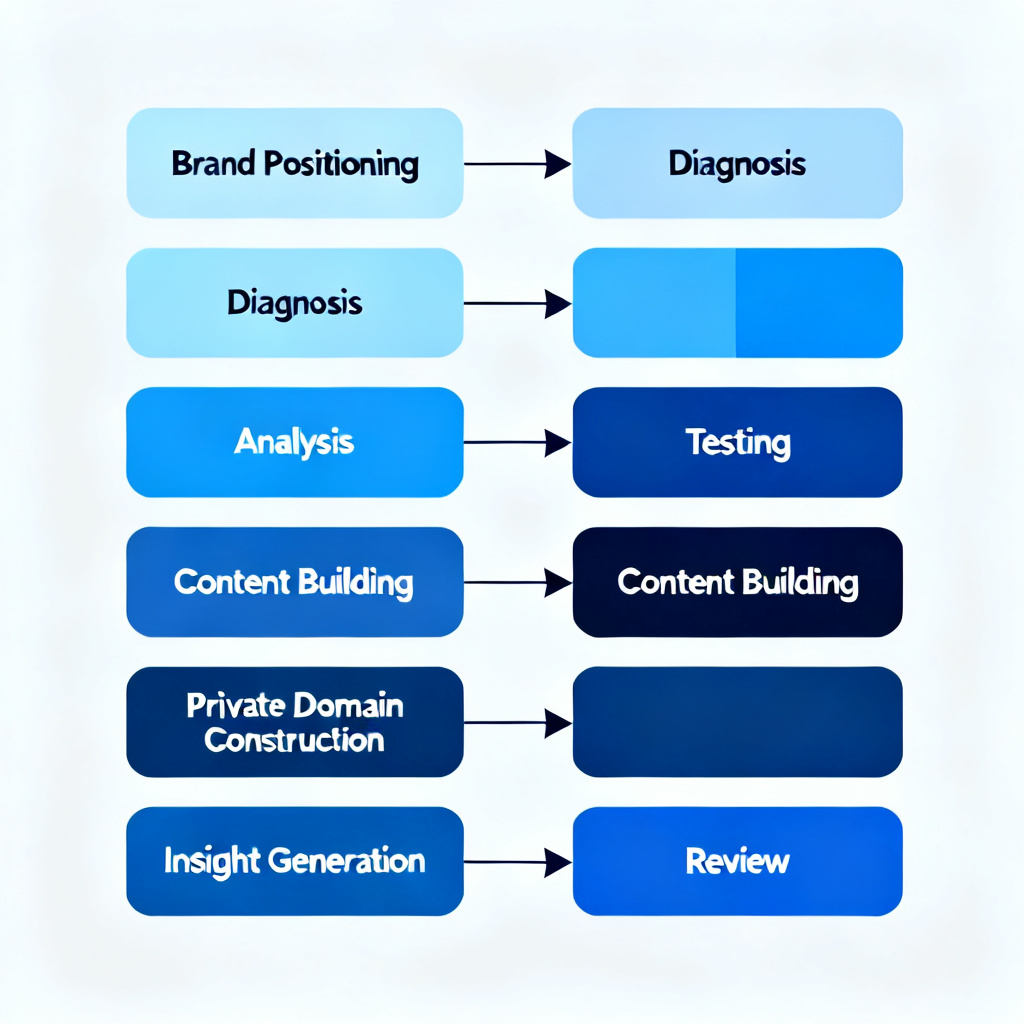 A flowchart illustrating the 8-step managed operations process: Brand Positioning → Diagnosis → Analysis → Testing → Content Building → Private Domain Construction → Insight Generation → Review. Each step is connected with arrows, and the color gradient goes from light blue to dark blue. The design is minimal and corporate-style.