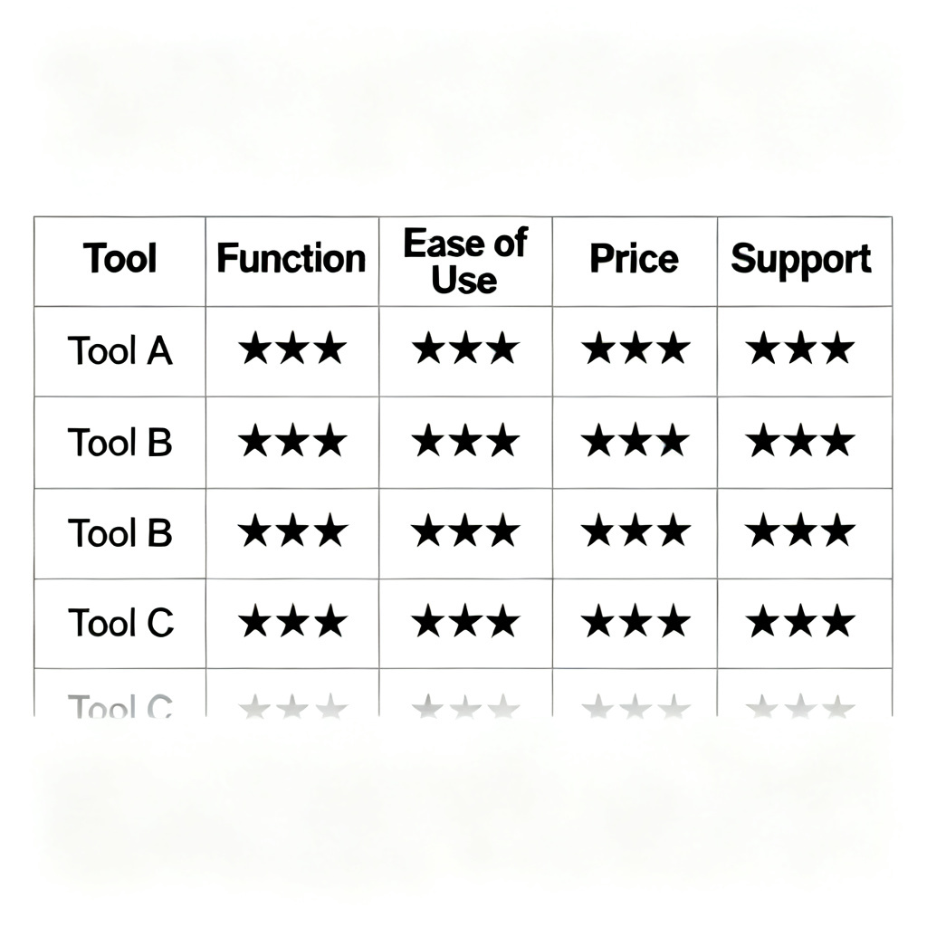 Professional corporate style comparison table, showing 5 columns (Tool, Function, Ease of Use, Price, Support) with star ratings, clean white background, minimalist design, high resolution, 4K, 8K